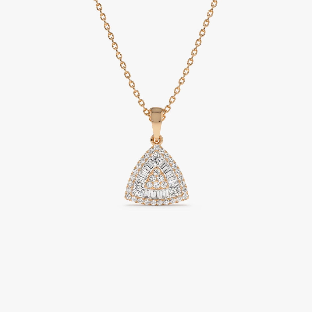 14K Solid Gold 0.42 CTW Round Baguette and Princess Cut Diamond Triangle Cluster Necklace