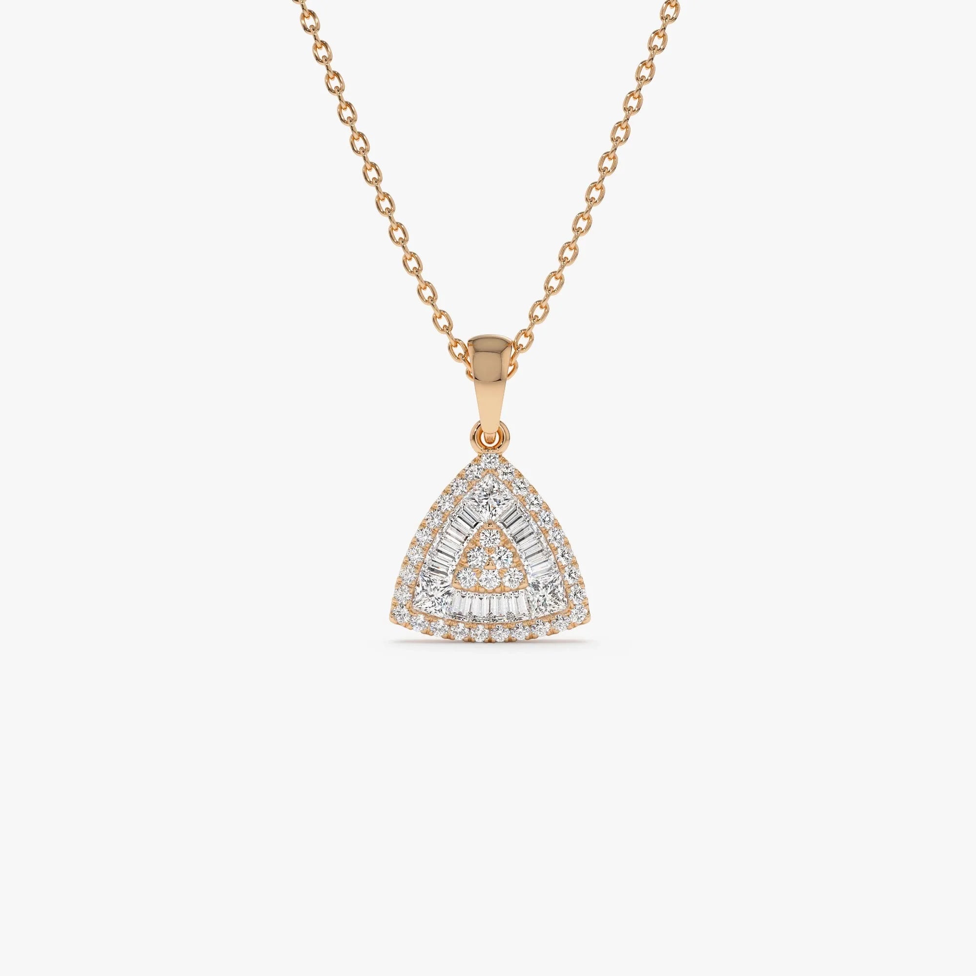14K Solid Gold 0.42 CTW Round Baguette and Princess Cut Diamond Triangle Cluster Necklace