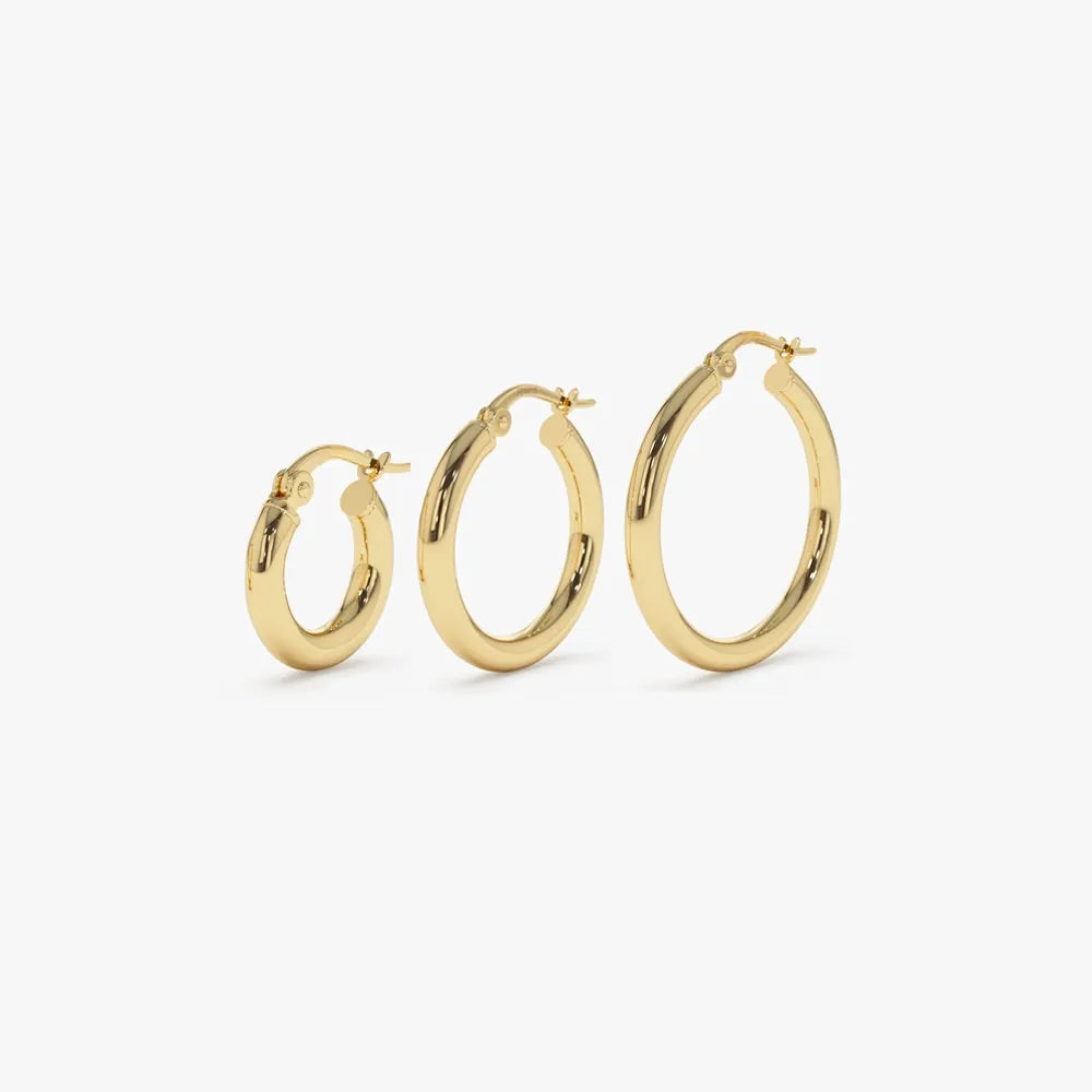 14k Solid Gold Round Hoop Earrings 3mm Thick Polished