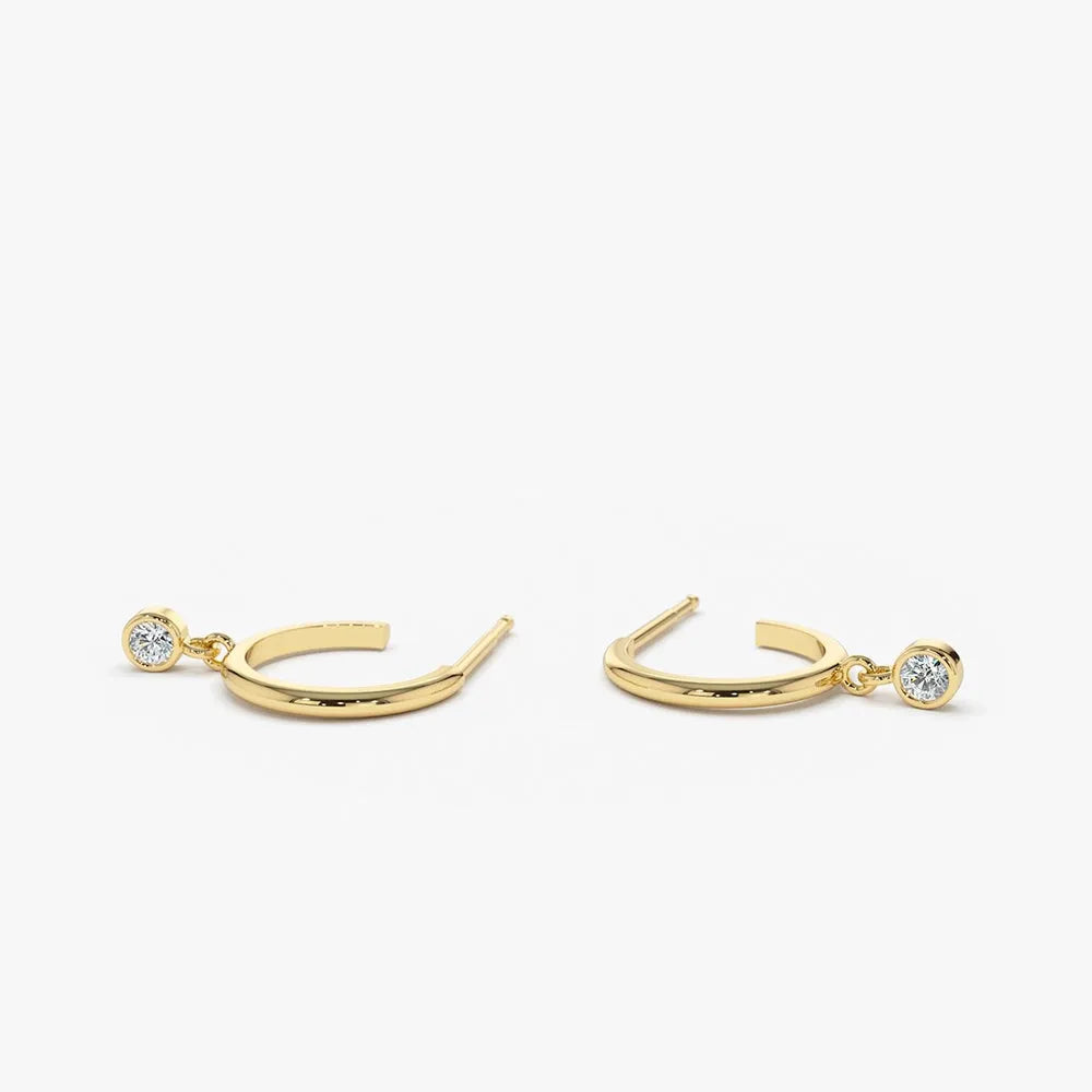 14k Gold Diamond Round Cut Dangling Charm Hoop Earrings Bezel Setting 0.06 ctw