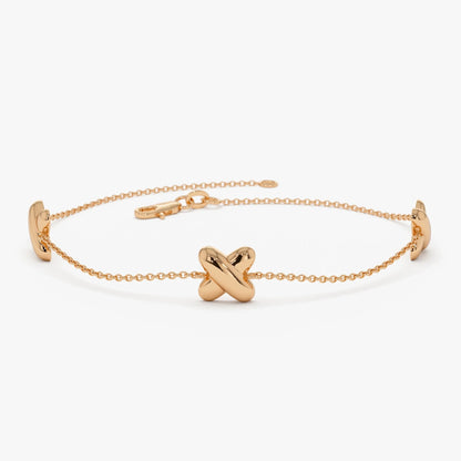 14k Gold X Shape Station Link Bracelet with Charms