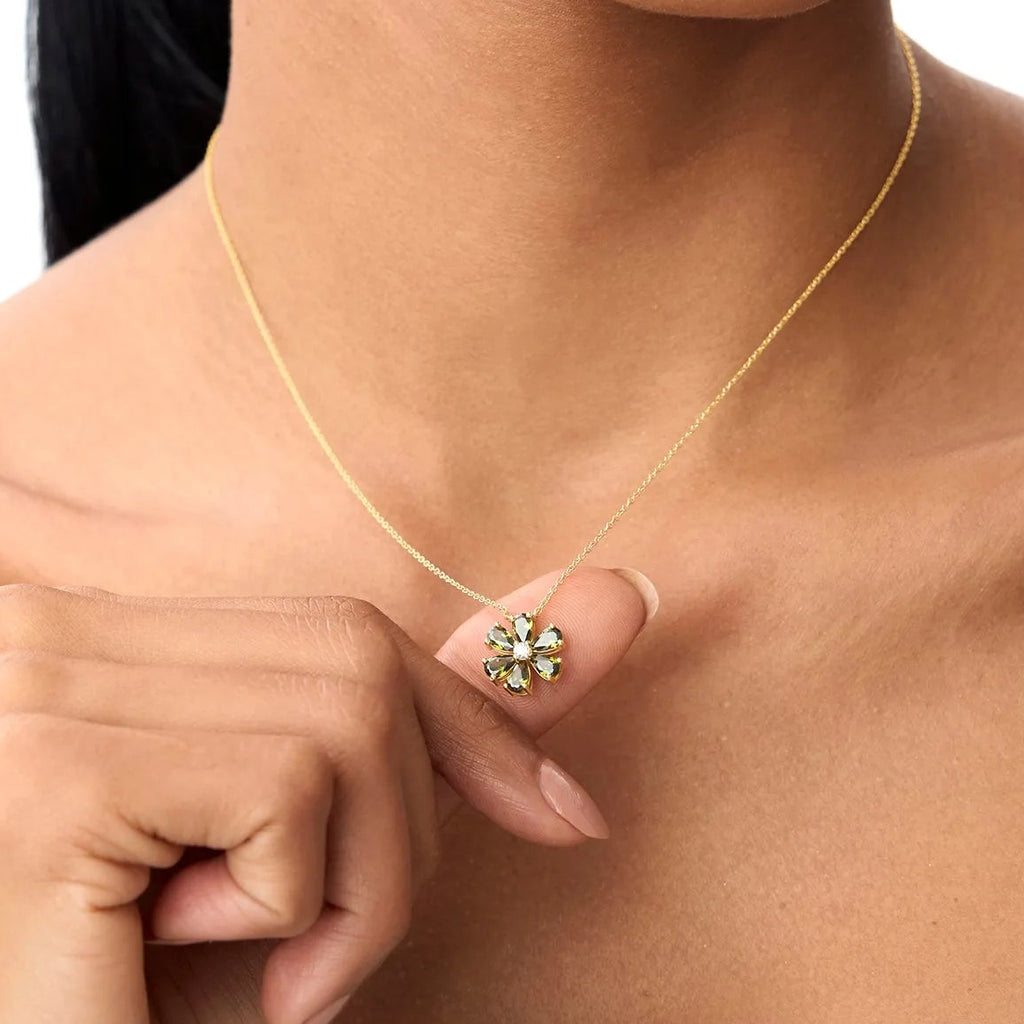 14k Solid Gold Peridot and Diamond Pear and Round Flower Necklace 1.45 Carat