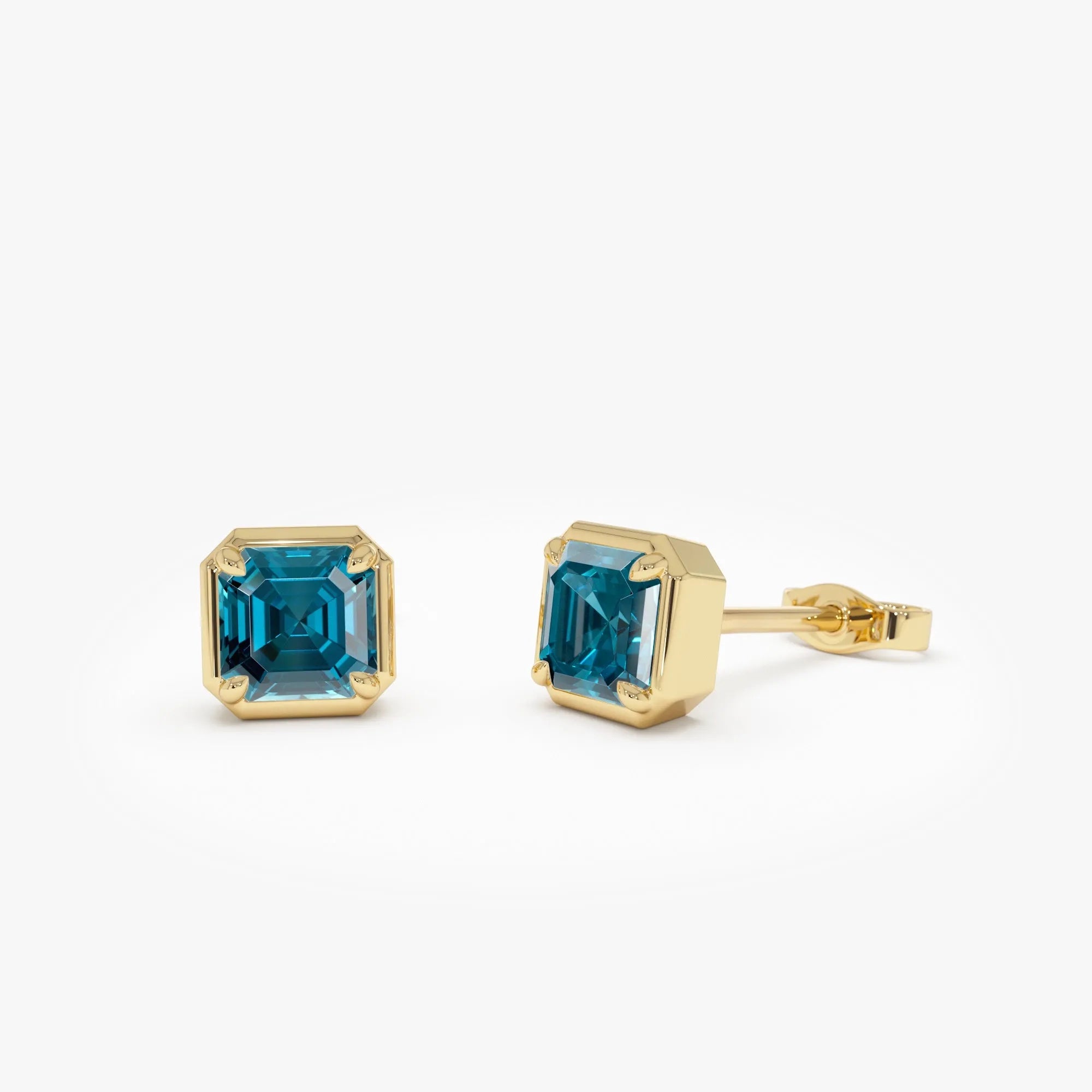 14K Solid Gold Asscher Cut London Blue Topaz Stud Earrings 1.60ctw