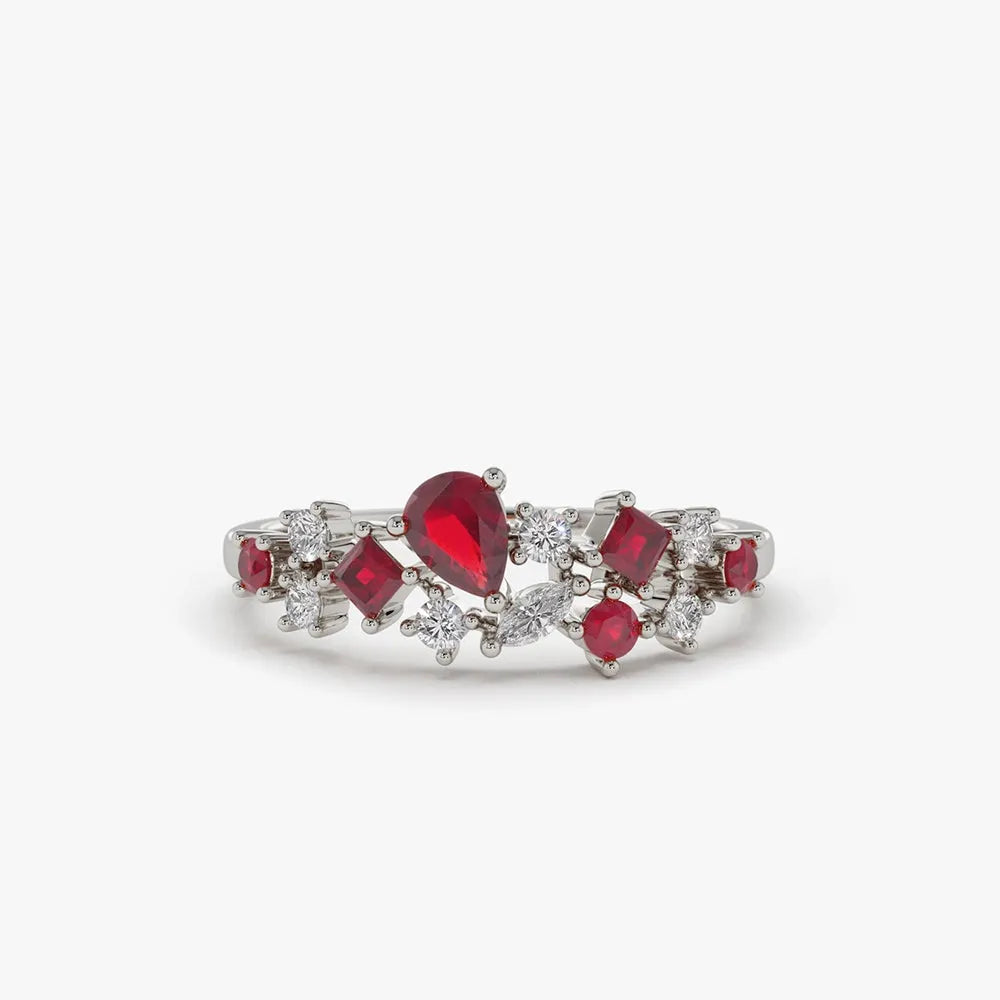 14k Gold Ruby and Diamond Mixed Shape Cluster Ring 0.60 ctw