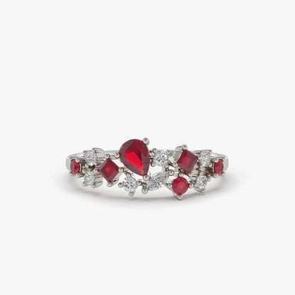 14k Gold Ruby and Diamond Mixed Shape Cluster Ring 0.60 ctw