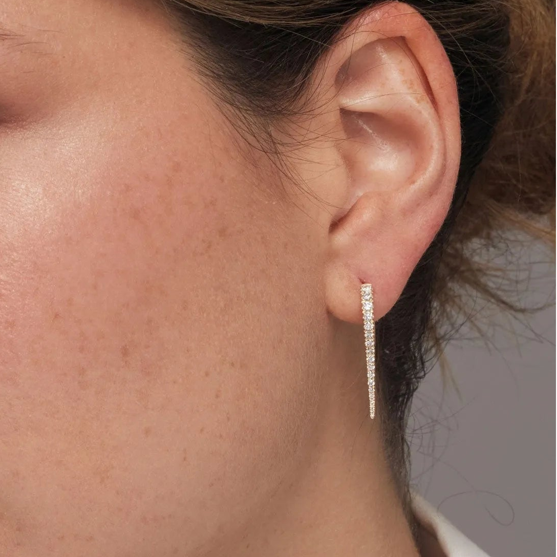 14k Gold Diamond Round Cut Small Dagger Dangle Hoop Earrings 0.55 ctw