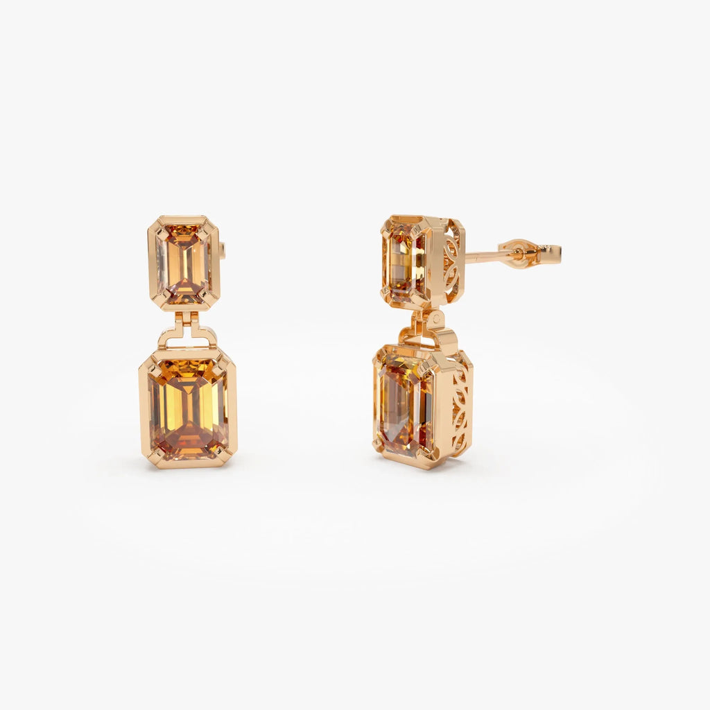 14K Solid Gold Octagon Cut Citrine Dangle Drop Earrings 4.0ctw