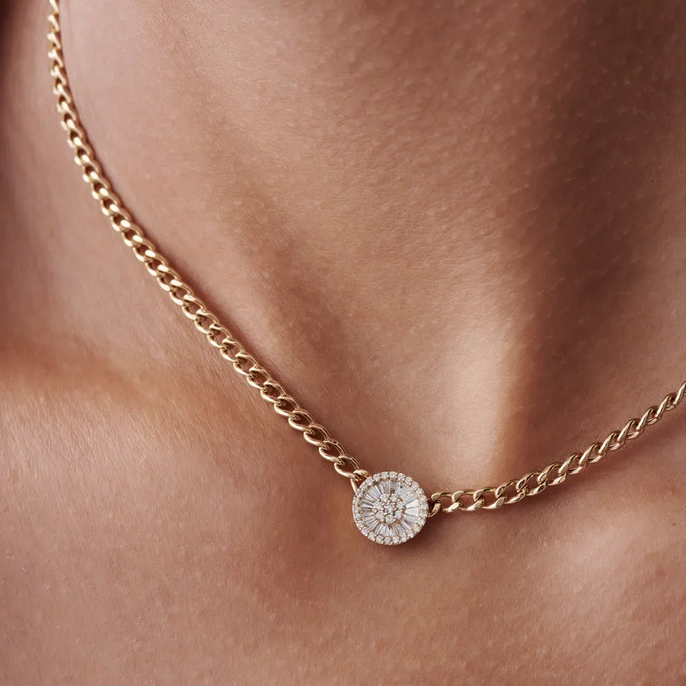 14K Solid Gold Baguette and Round Diamond Curb Link Disc Cluster Necklace 9mm 0.45ctw