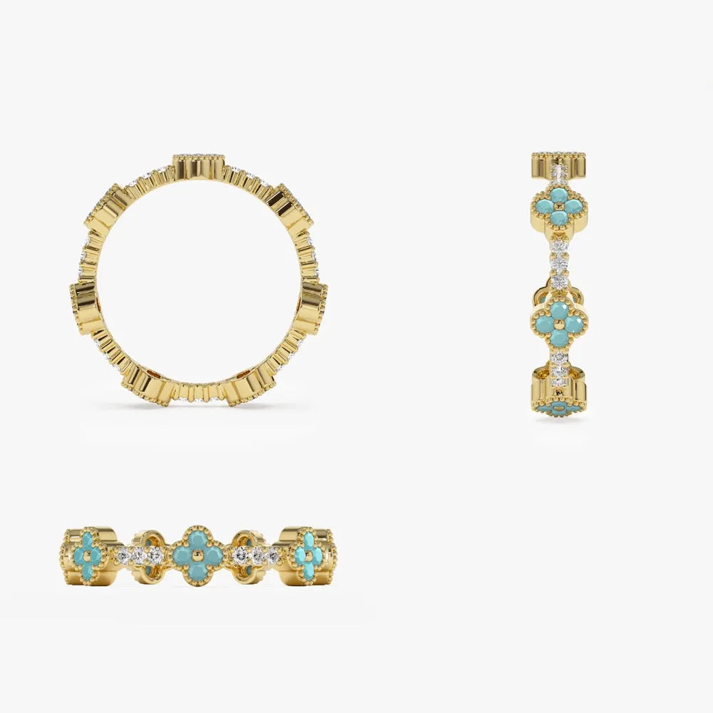 14K Gold Clover Turquoise and Diamond 0.44ctw Full Eternity Ring