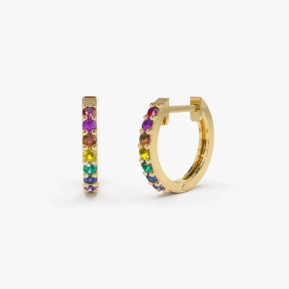 14K Solid Gold Multi Color Rainbow Gemstone Huggie Hoop Earrings 0.25 CTW