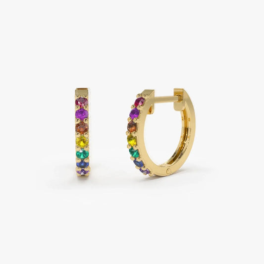 14K Solid Gold Multi Color Rainbow Gemstone Huggie Hoop Earrings 0.25 CTW