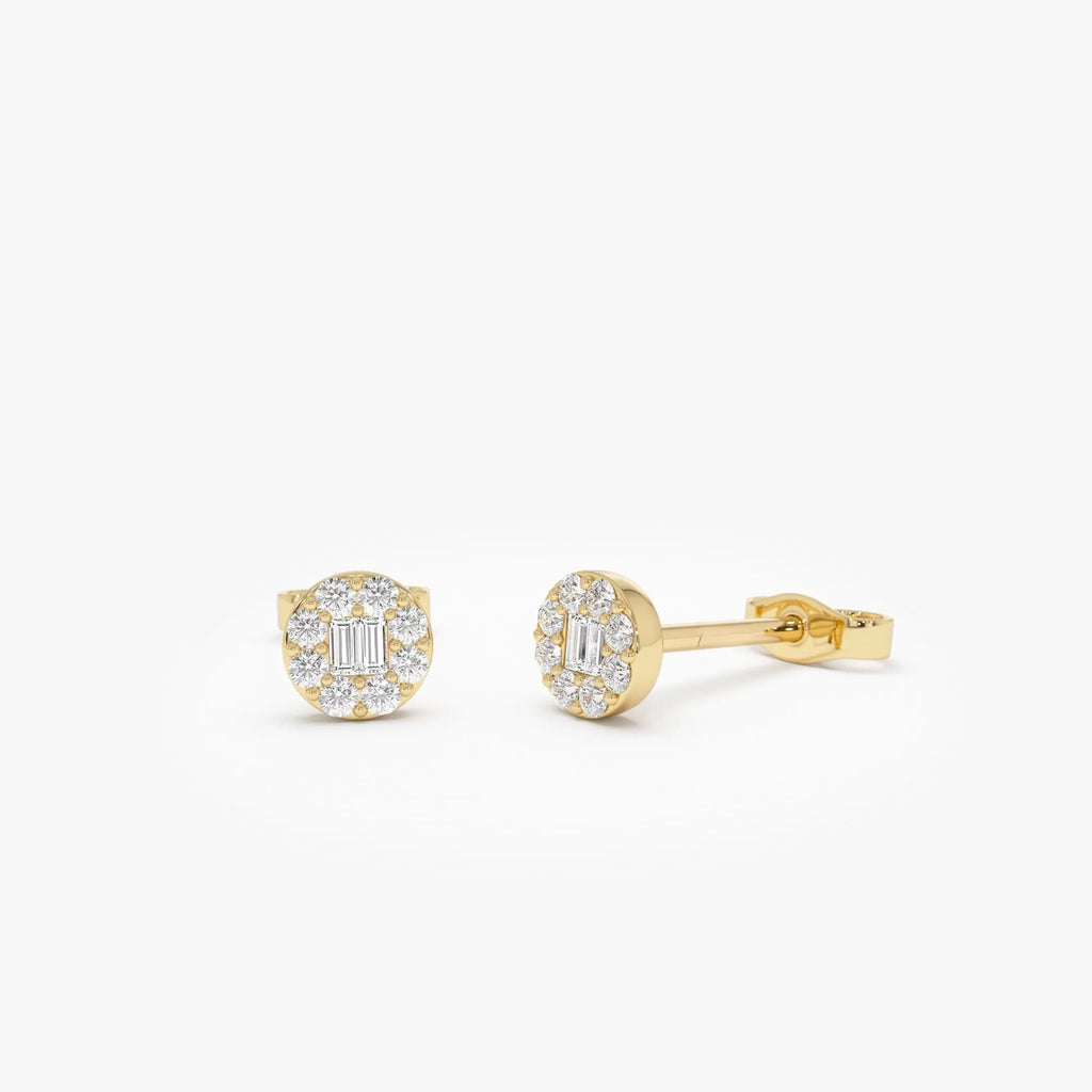 14k Gold Diamond Baguette and Round Cut Halo Earrings 0.20 ctw