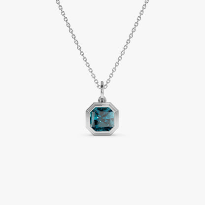 14k Solid Gold London Blue Topaz Asscher Cut Necklace 1.20 Carat Bezel Setting