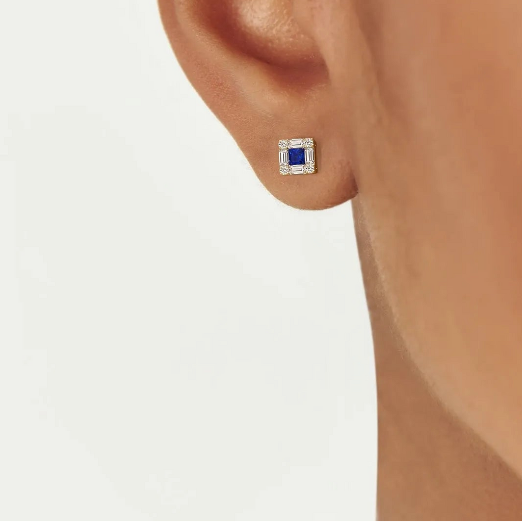 14k Solid Gold Princess Cut Blue Sapphire and Diamond Halo Stud Earrings 0.37 ctw