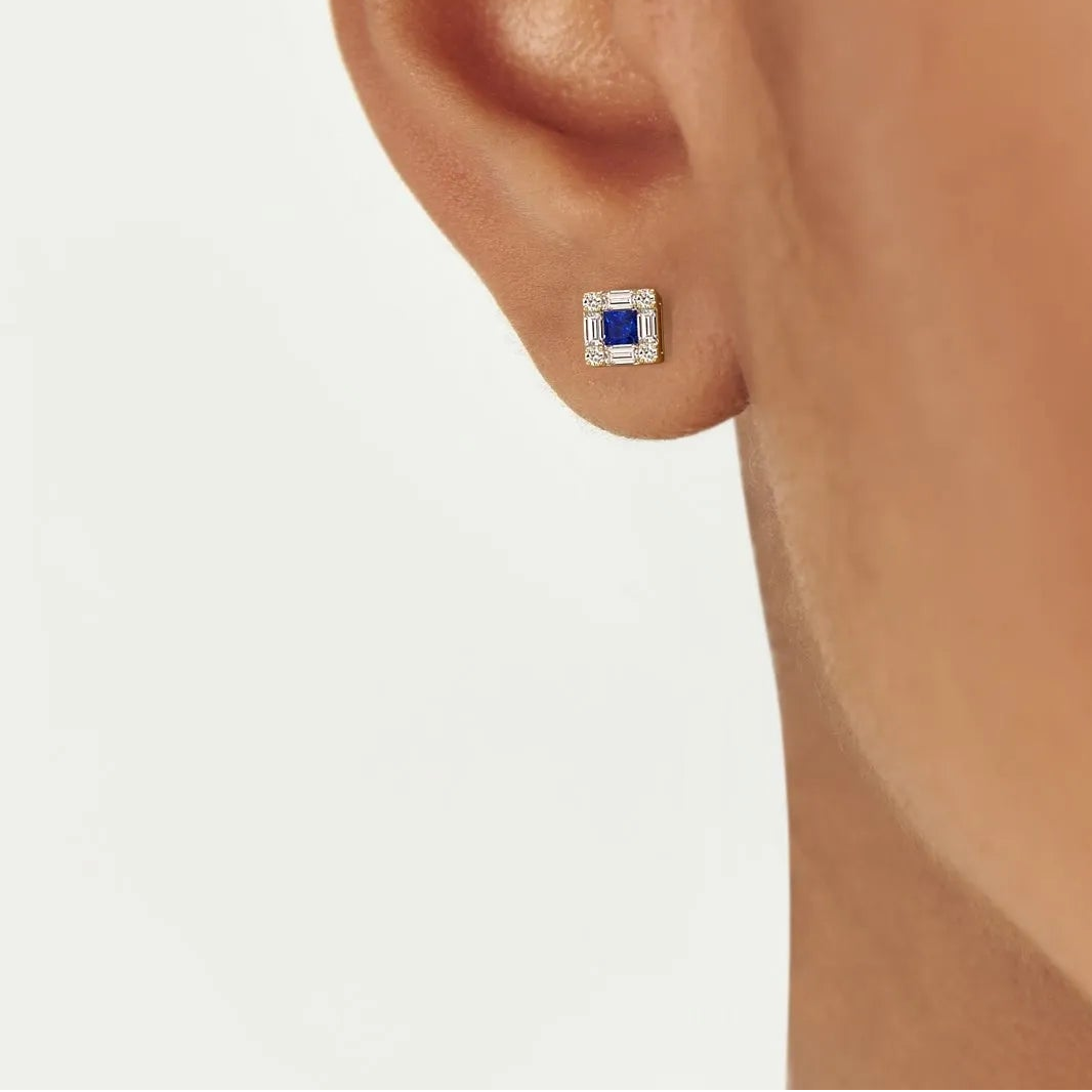 14k Solid Gold Princess Cut Blue Sapphire and Diamond Halo Stud Earrings 0.37 ctw