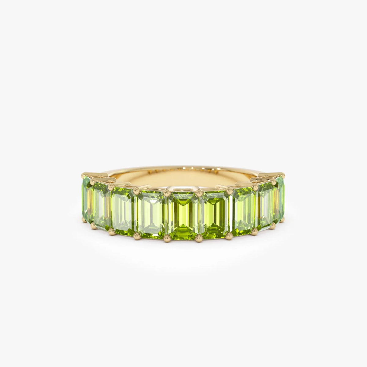14K Solid Gold Emerald Cut Peridot 2.35 Carat Nine Stone Ring