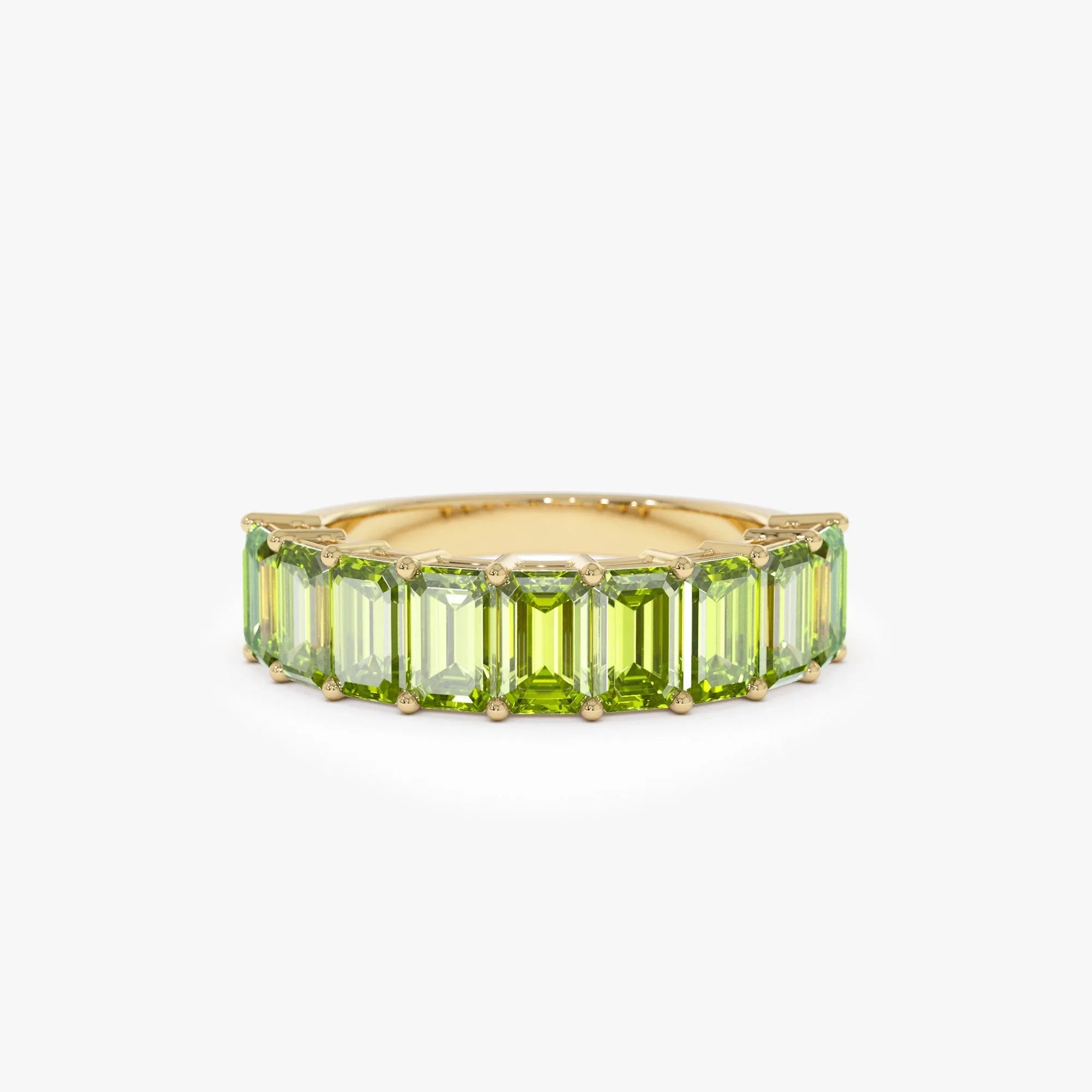 14K Solid Gold Emerald Cut Peridot 2.35 Carat Nine Stone Ring