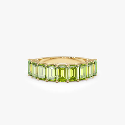 14K Solid Gold Emerald Cut Peridot 2.35 Carat Nine Stone Ring