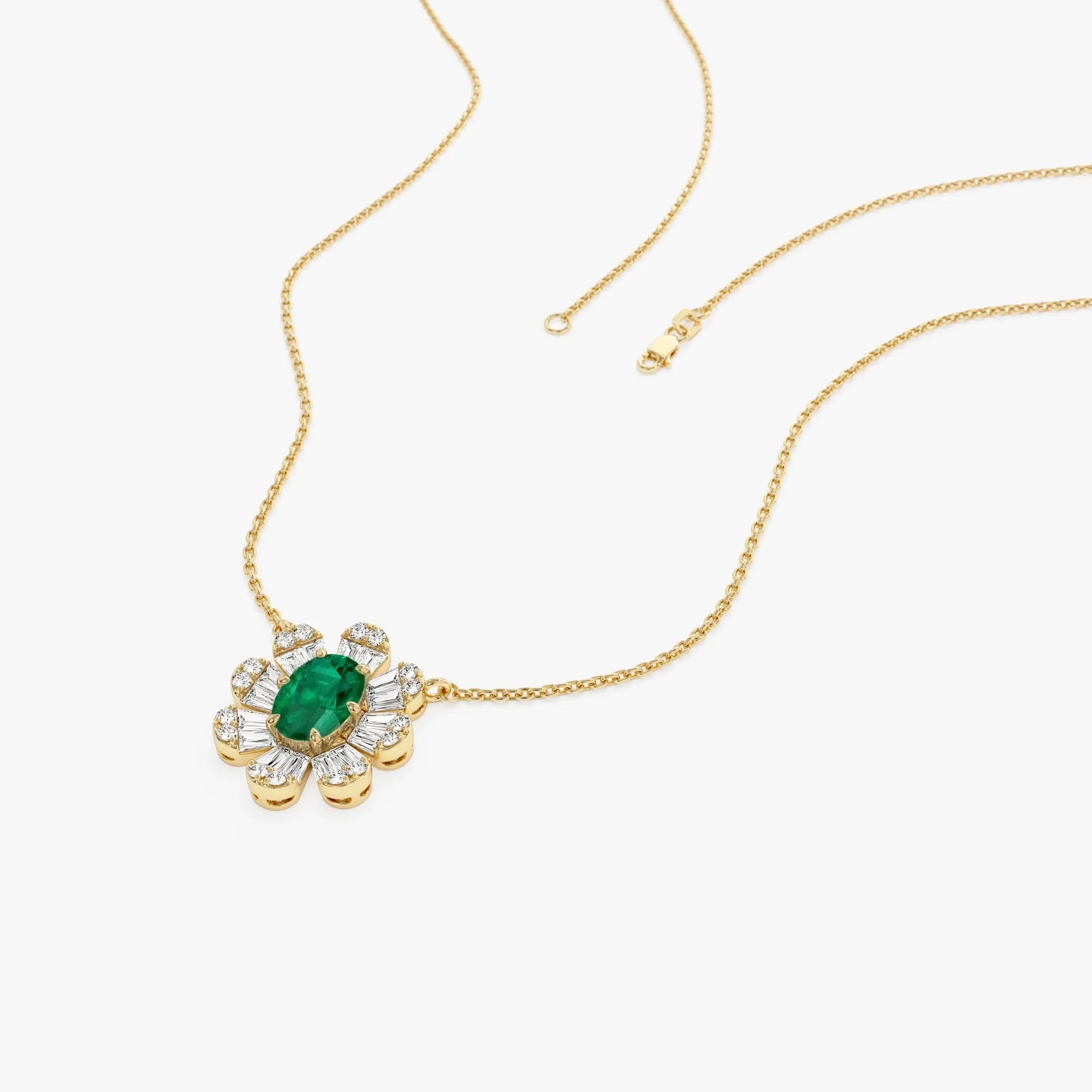 14k Solid Gold Oval Emerald and Baguette Round Diamond 0.65 CTW Necklace
