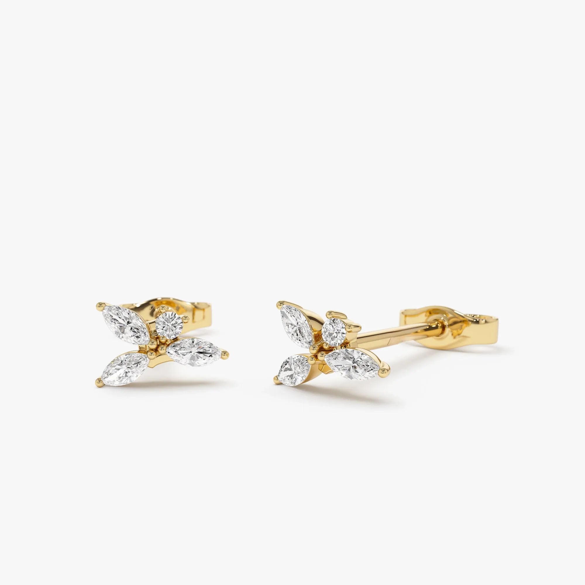 14k Gold Diamond Marquise and Round Cut Cluster Stud Earrings 0.20 ctw