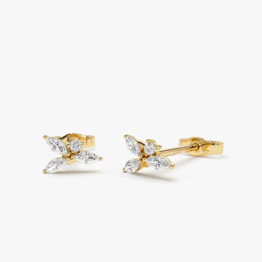 14k Gold Diamond Marquise and Round Cut Cluster Stud Earrings 0.20 ctw