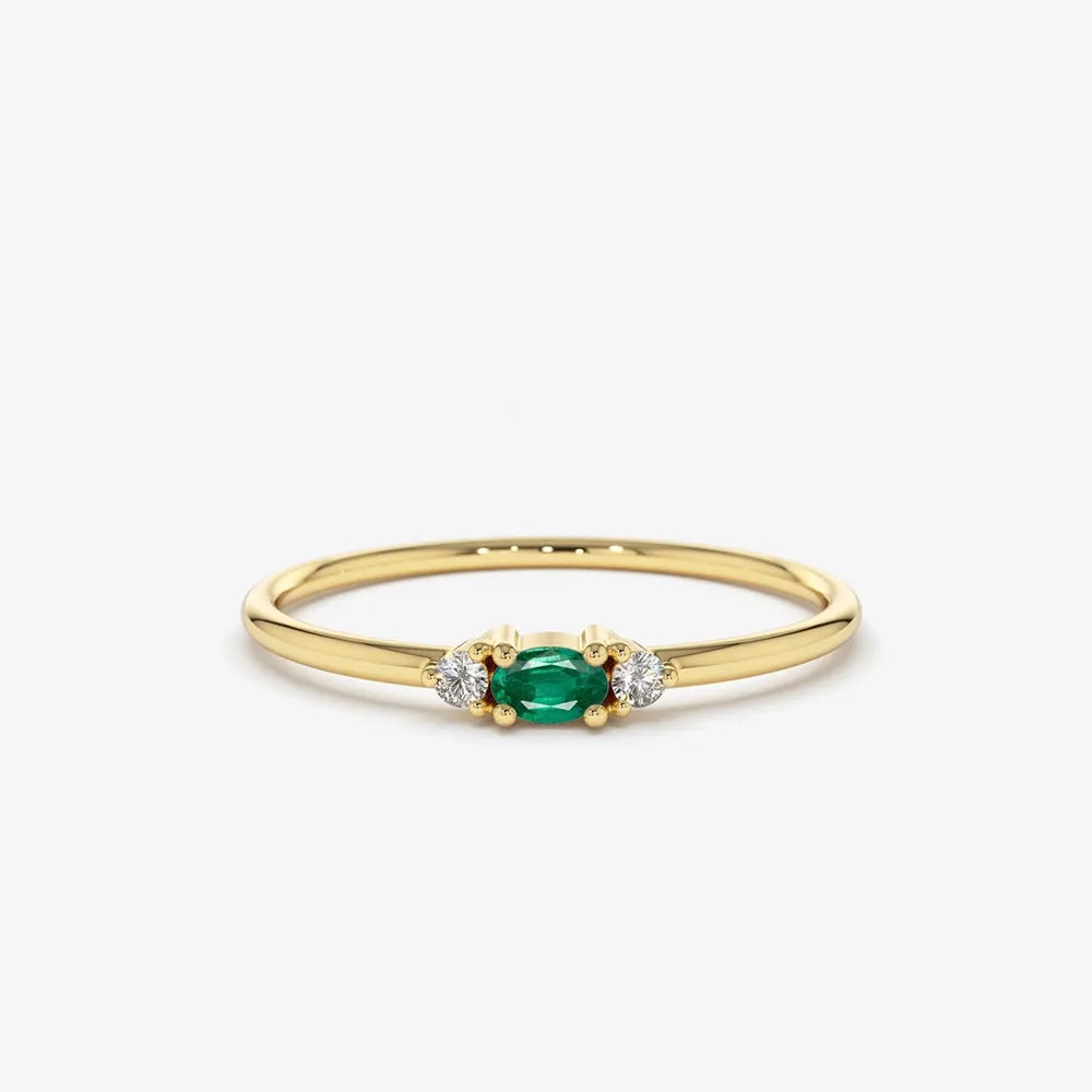 14K Gold Oval Emerald and Round Diamond Three Stone Ring 0.10 CTW Handcrafted Jewelry