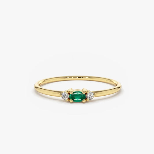 14K Gold Oval Emerald and Round Diamond Three Stone Ring 0.10 CTW Handcrafted Jewelry