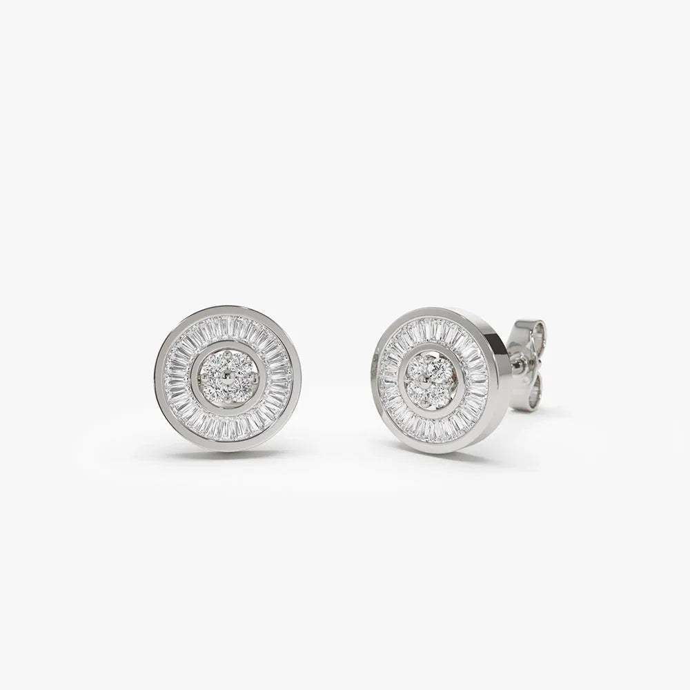 14k Gold Diamond Baguette and Round Cut Disc Stud Earrings Channel Setting 0.55 ctw