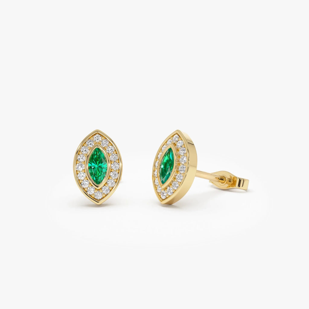 14k Solid Gold Marquise Emerald and Round Diamond Halo Stud Earrings 0.41 ctw