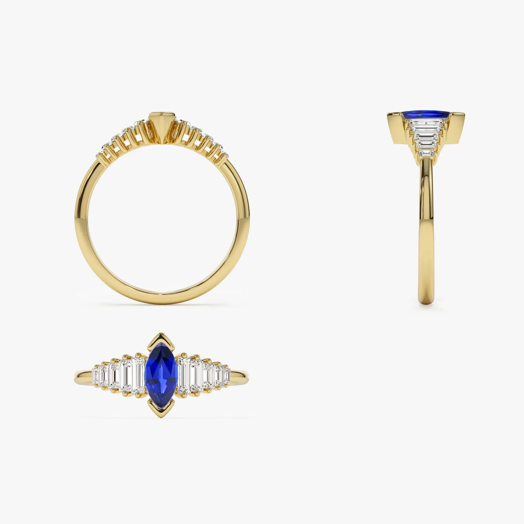 14k Gold Sapphire and Diamond Marquise and Baguette Cut Ring 0.83 ctw