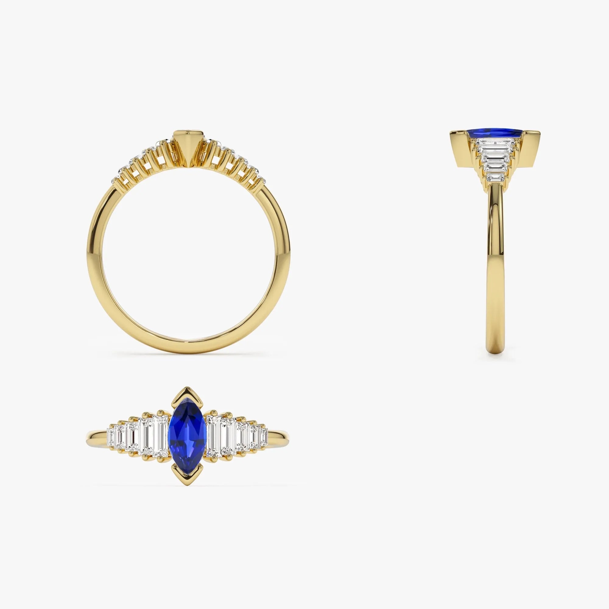 14k Gold Sapphire and Diamond Marquise and Baguette Cut Ring 0.83 ctw