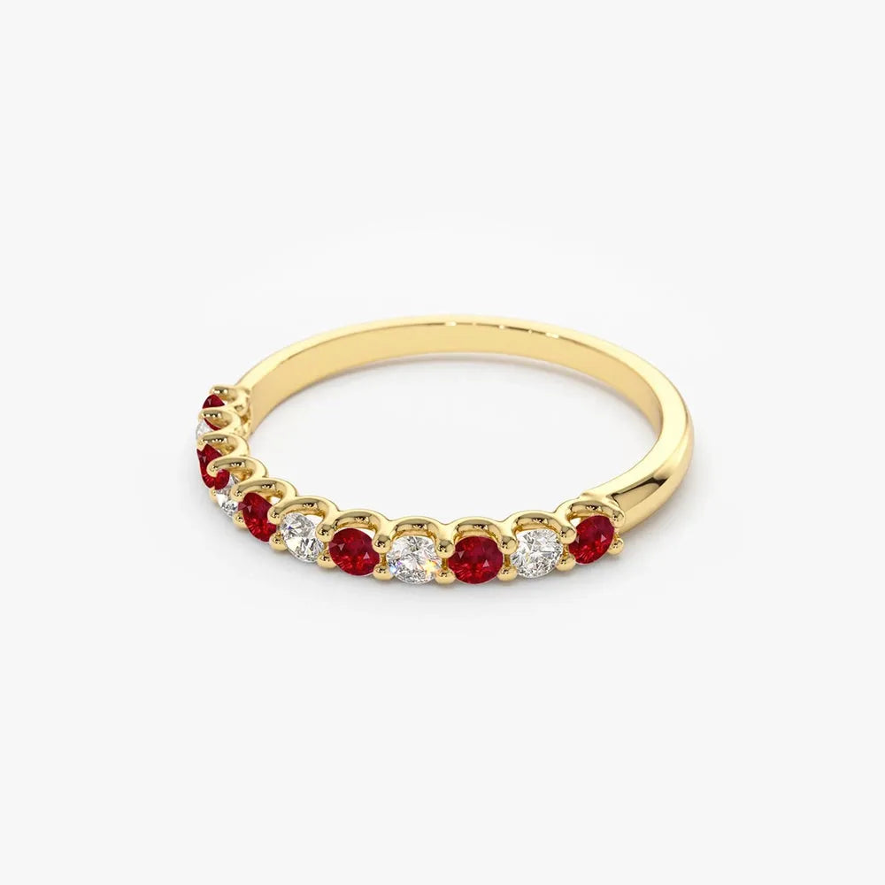 14k Gold Ruby and Diamond Round Cut Shared Prong Wedding Ring Band 0.43 ctw