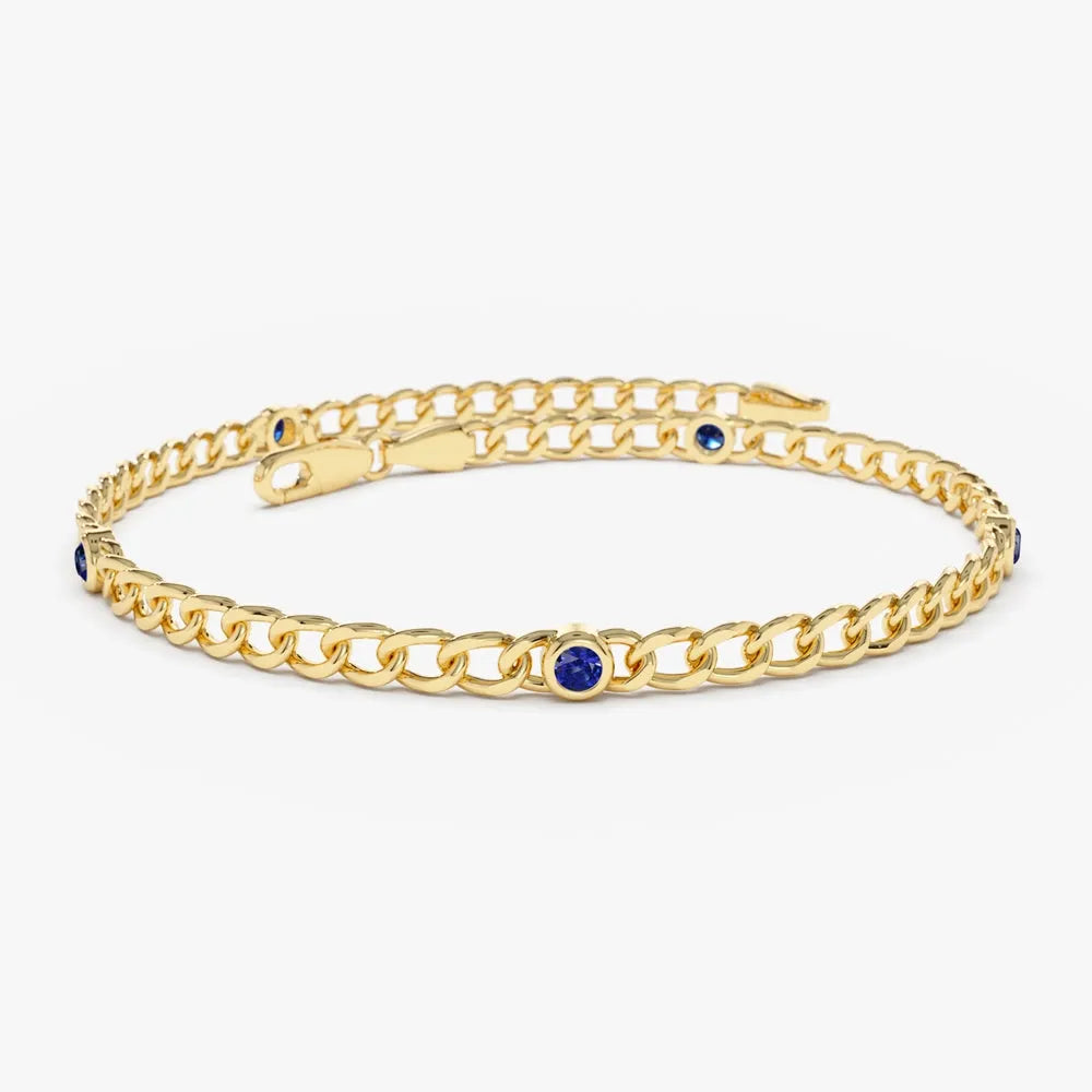 14K Solid Gold Cuban Link Bracelet with Bezel Set Round Sapphire