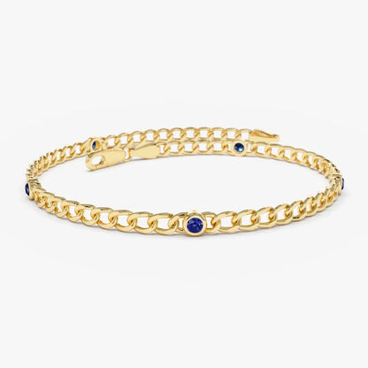 14K Solid Gold Cuban Link Bracelet with Bezel Set Round Sapphire