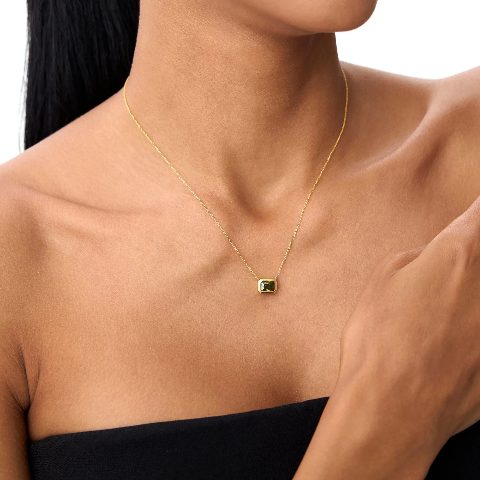 14k Solid Gold Peridot Emerald Cut Necklace 1.15 Carat Bezel Setting
