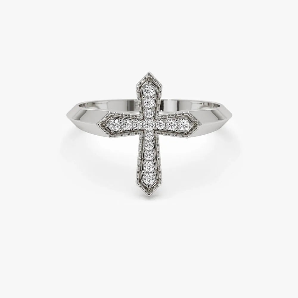 14k Solid Gold Round Cut Diamond 0.18 ctw Cross Ring