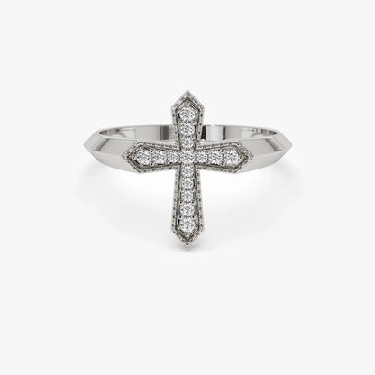 14k Solid Gold Round Cut Diamond 0.18 ctw Cross Ring