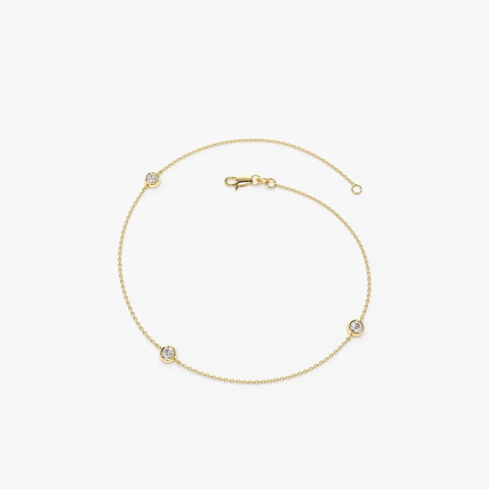 14K Solid Gold 0.30 CTW Round Diamond Three Stone Bezel Set Bracelet