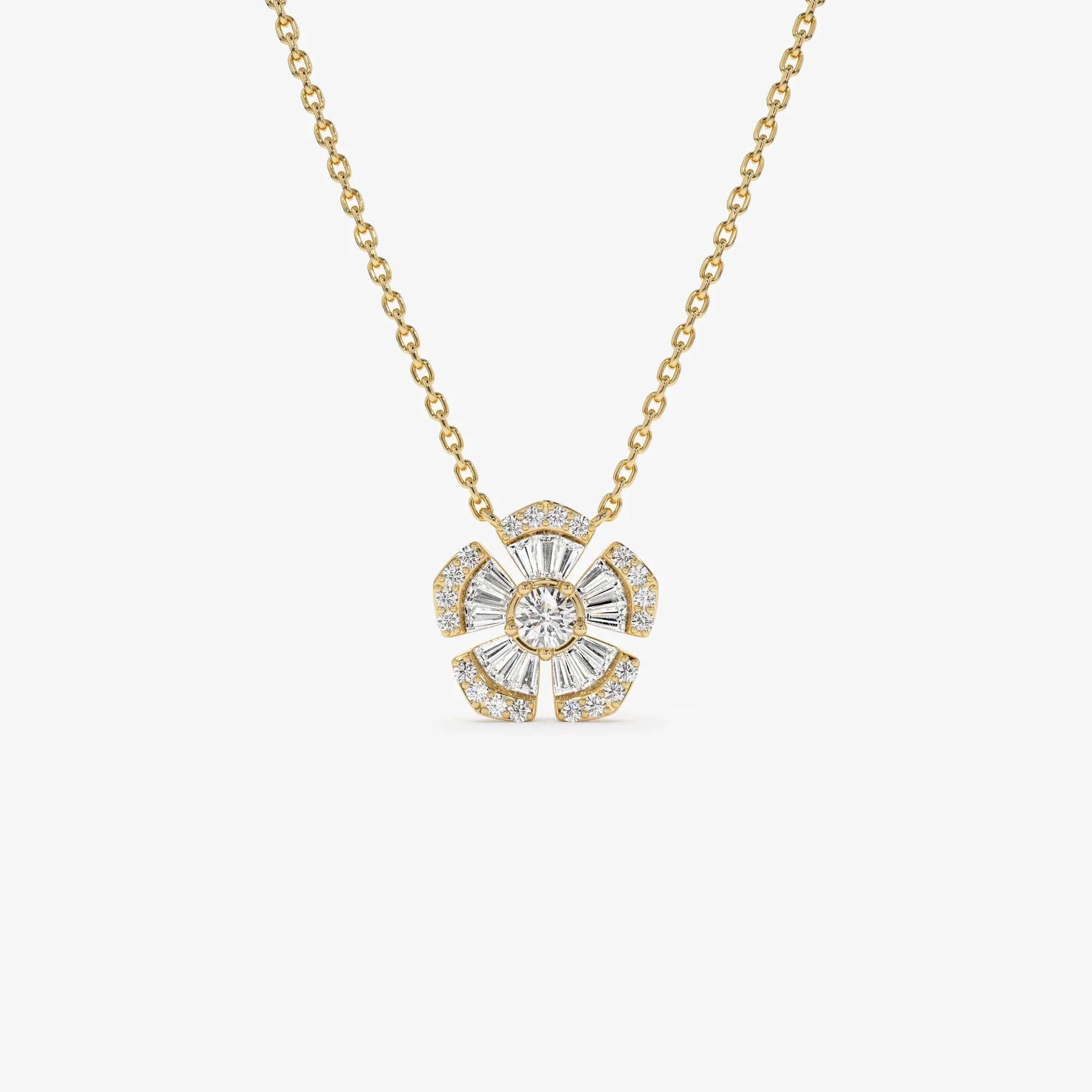 14K Solid Gold 0.40 CTW Baguette and Round Diamond Flower Necklace