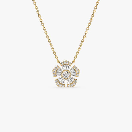 14K Solid Gold 0.40 CTW Baguette and Round Diamond Flower Necklace