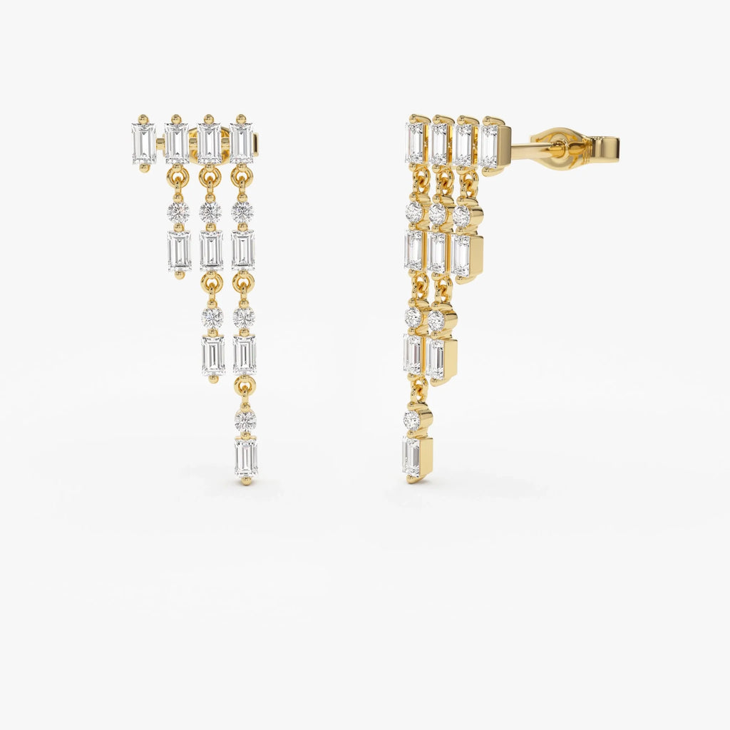 14k Gold Diamond Baguette and Round Cut Statement Chandelier Earrings 0.65 ctw