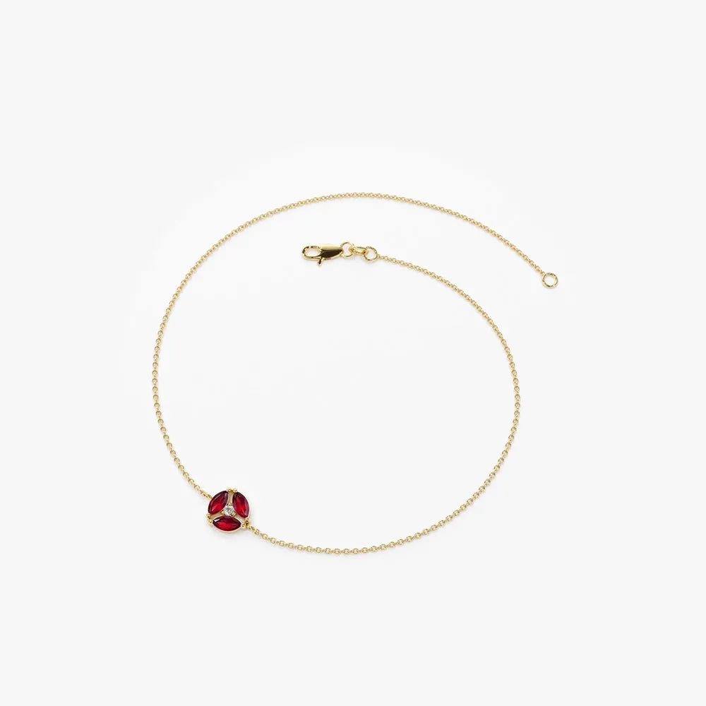 14K Solid Gold 0.30ctw Marquise Ruby and Round Diamond Cluster Bracelet