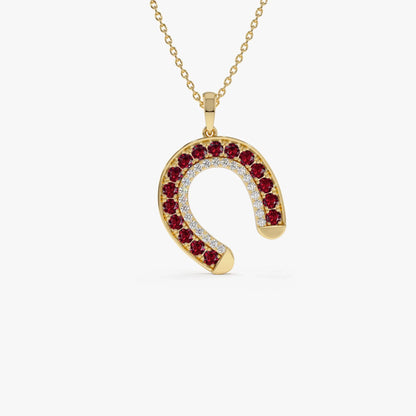 14k Solid Gold Ruby and Diamond Round Horseshoe Pendant 0.87 Carat