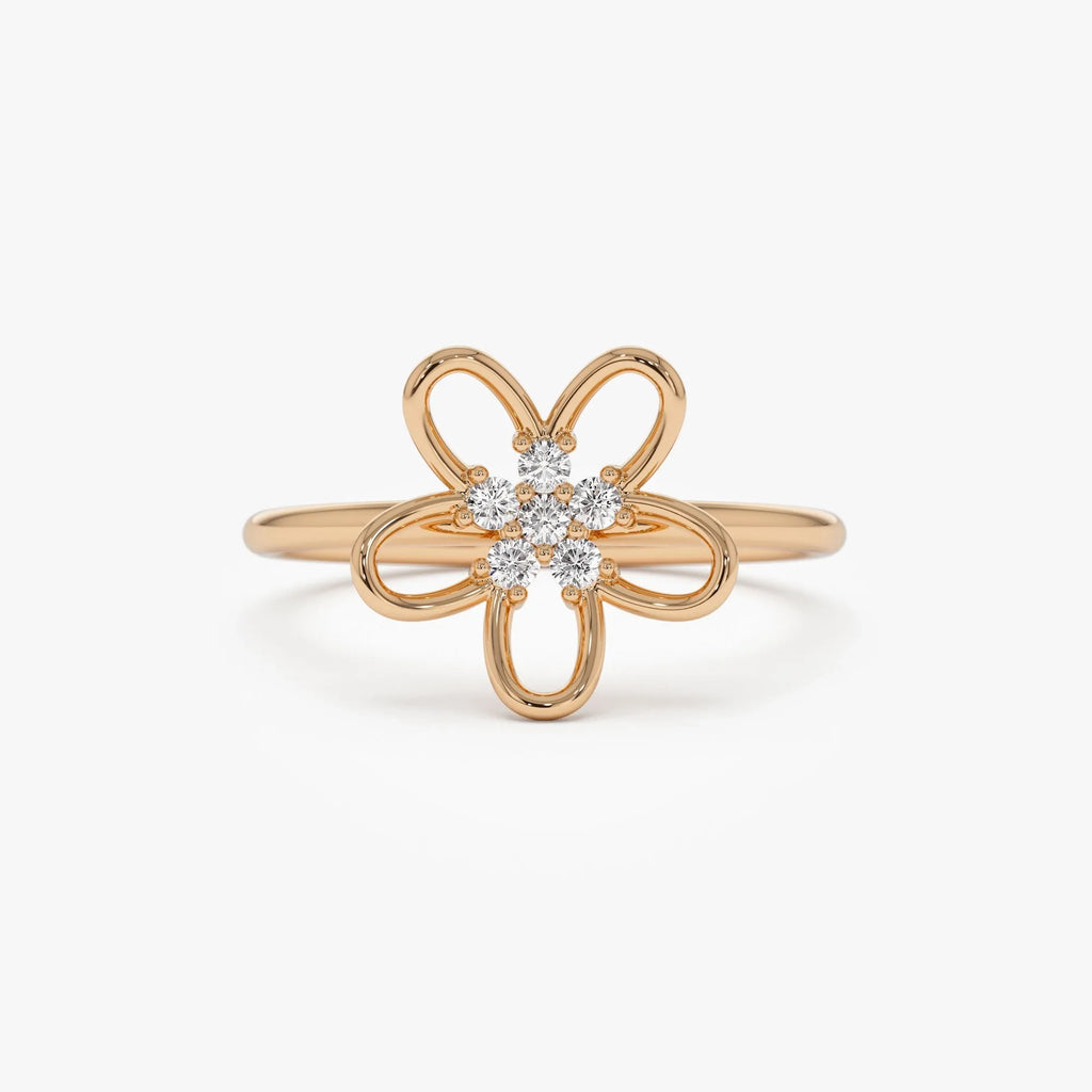 14K Solid Gold Round Diamond Flower Cluster Ring 0.10 ctw