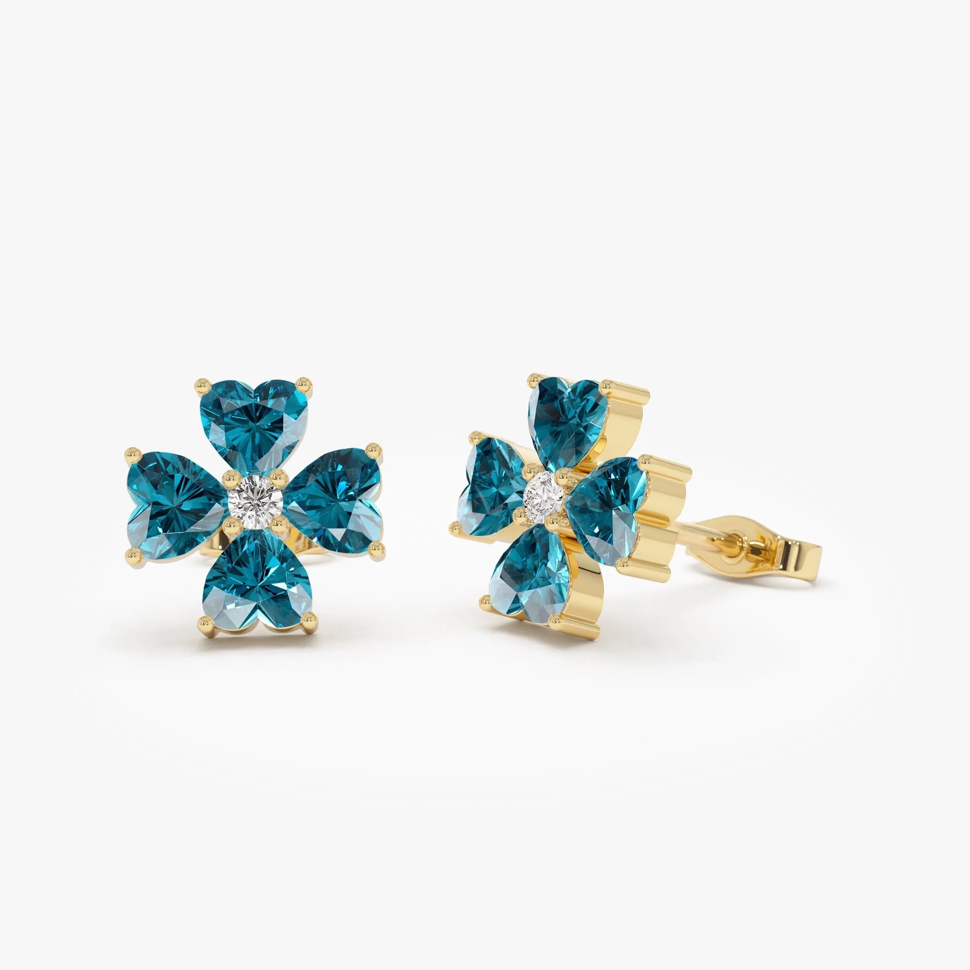 14K Gold Heart Shaped London Blue Topaz and Diamond Four Leaf Clover Stud Earrings