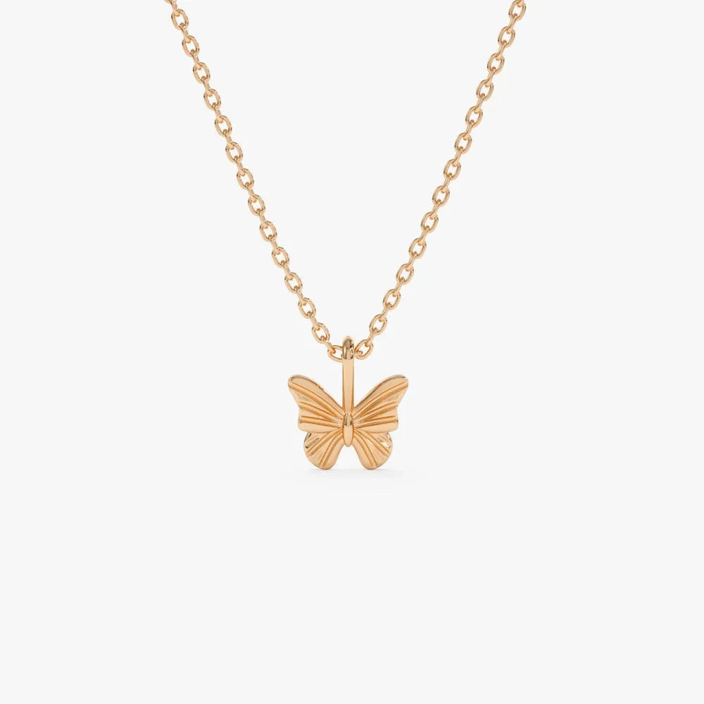 14k Solid Gold Mini Butterfly Charm Pendant Necklace