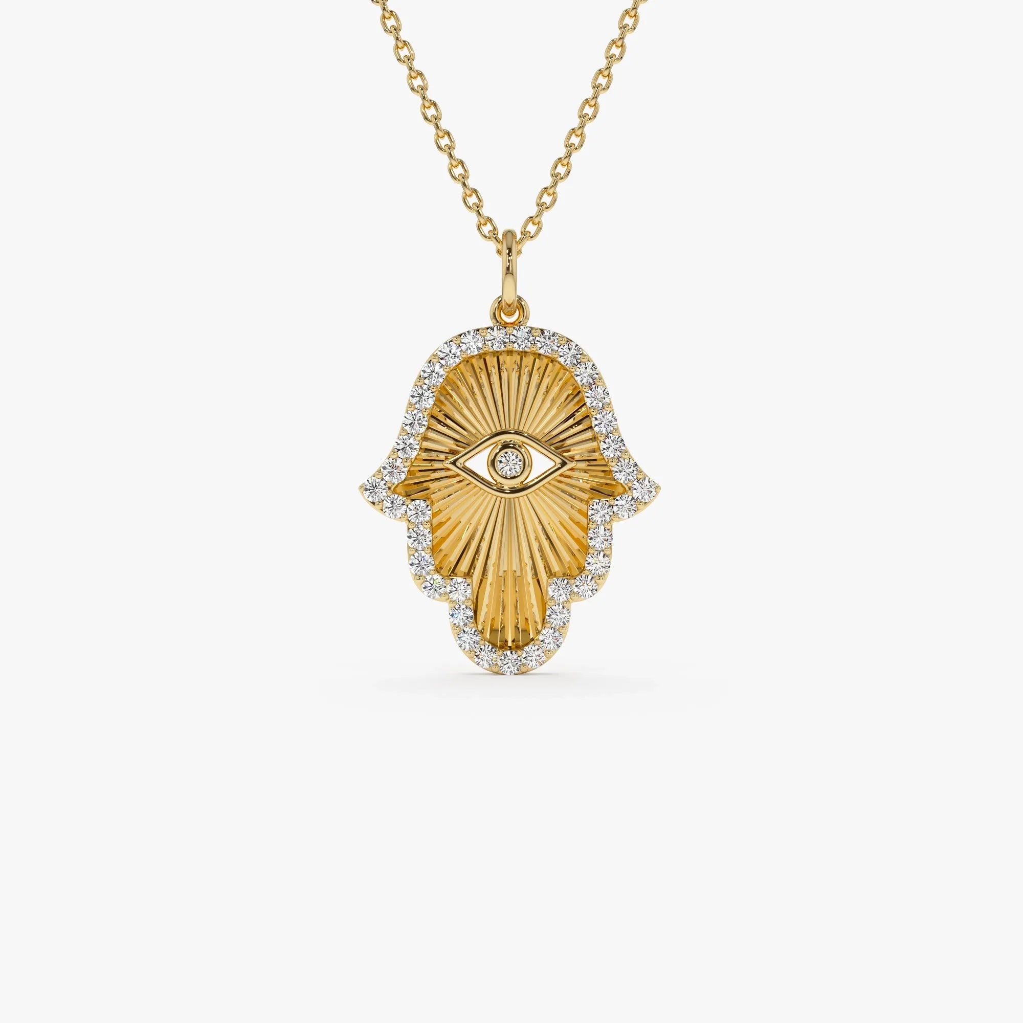 14K Solid Gold 0.35 CTW Round Diamond Hamsa Evil Eye Hand of Fatima Necklace