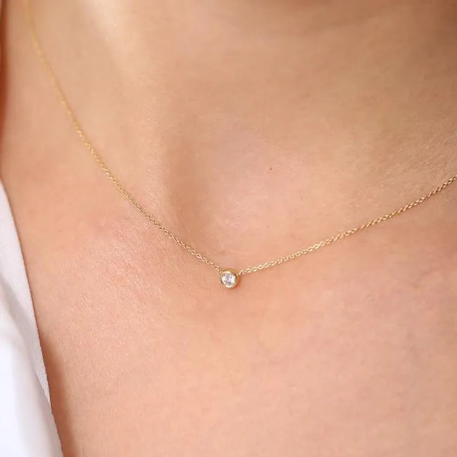 14K Gold Lab Grown Diamond Solitaire Necklace Bezel Set 0.21cttw