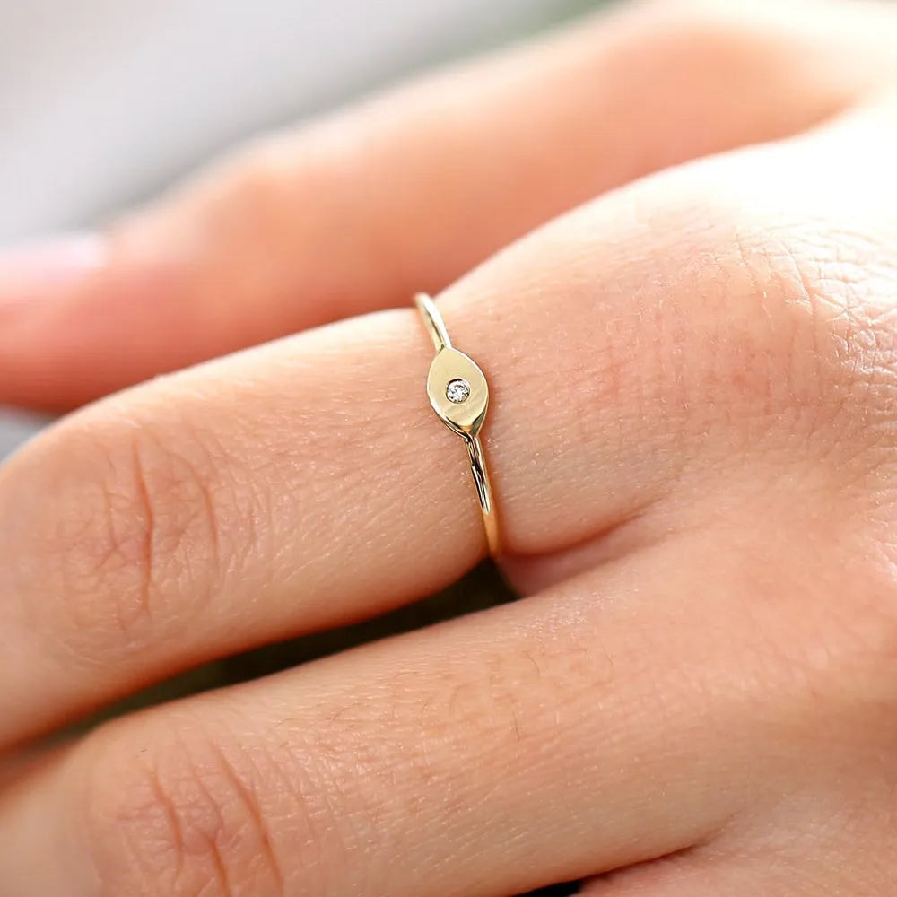 14K Solid Gold Round Diamond Evil Eye Ring Burnish Setting