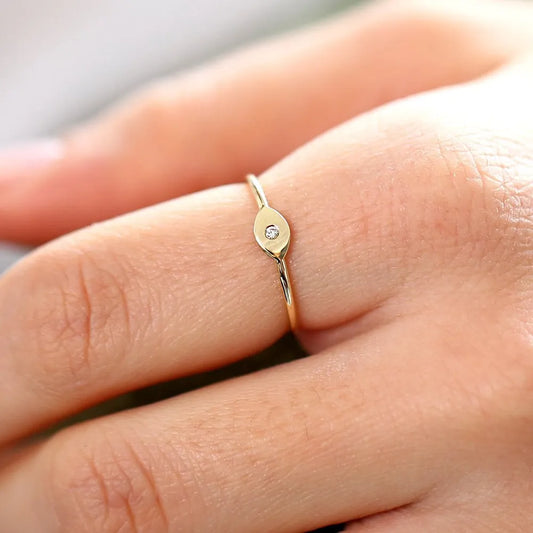 14K Solid Gold Round Diamond Evil Eye Ring Burnish Setting